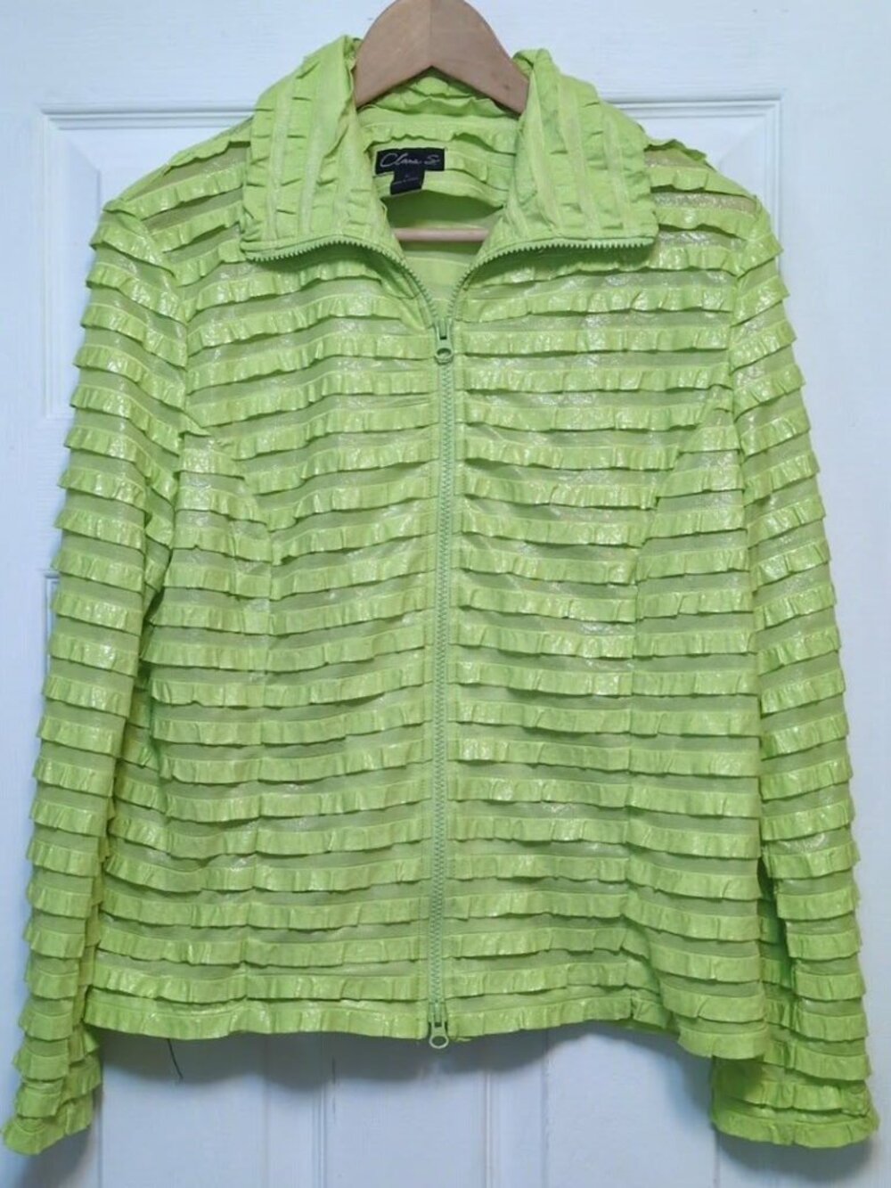 Clara S Jacket Womens Sz L Lime Green Ruffle Textured Shimmer Dbl Zip Mock Neck